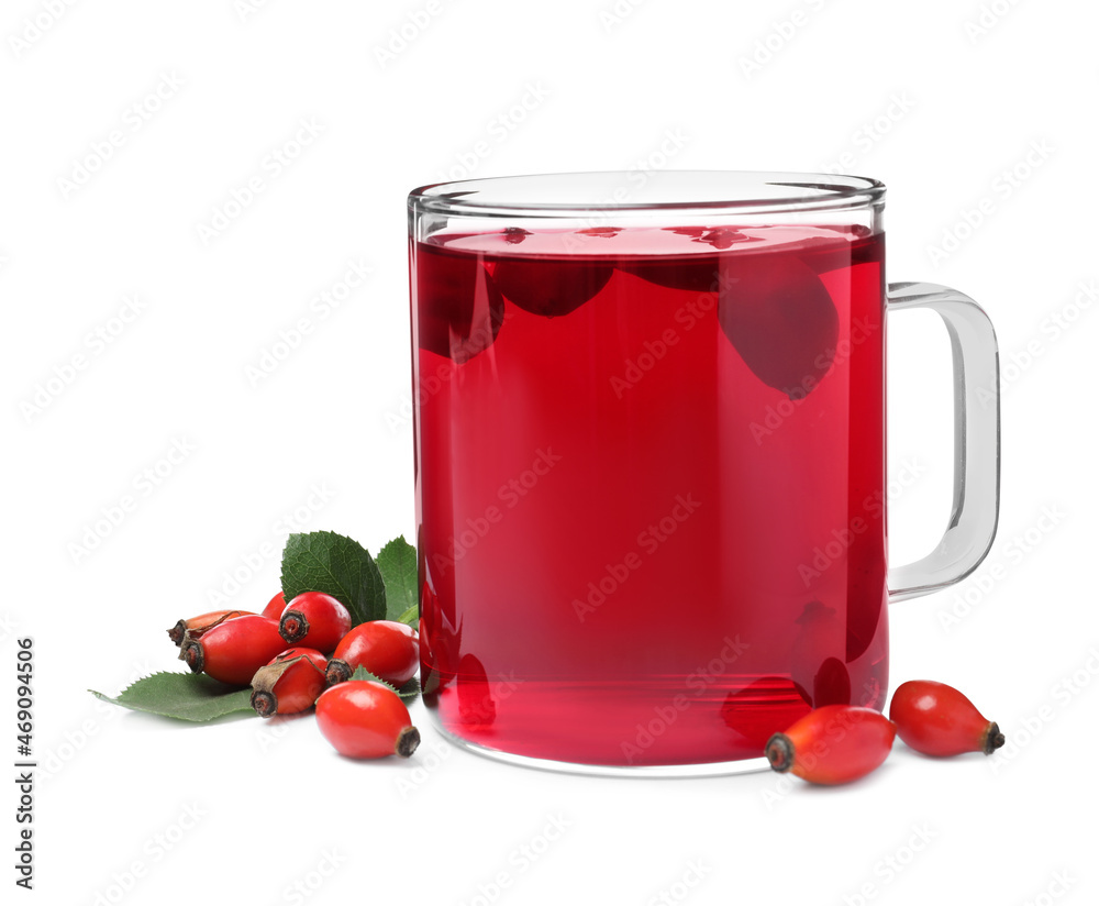 Aromatic rose hip tea and fresh berries on white background Aromatic rose hip tea and fresh berries on white background