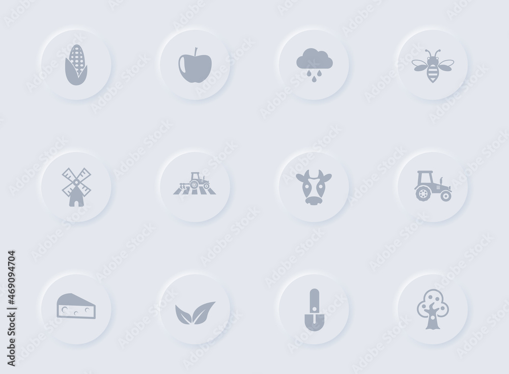 agriculture gray vector icons on round rubber buttons. agriculture icon set for web, mobile apps, ui design and promo business polygraphy