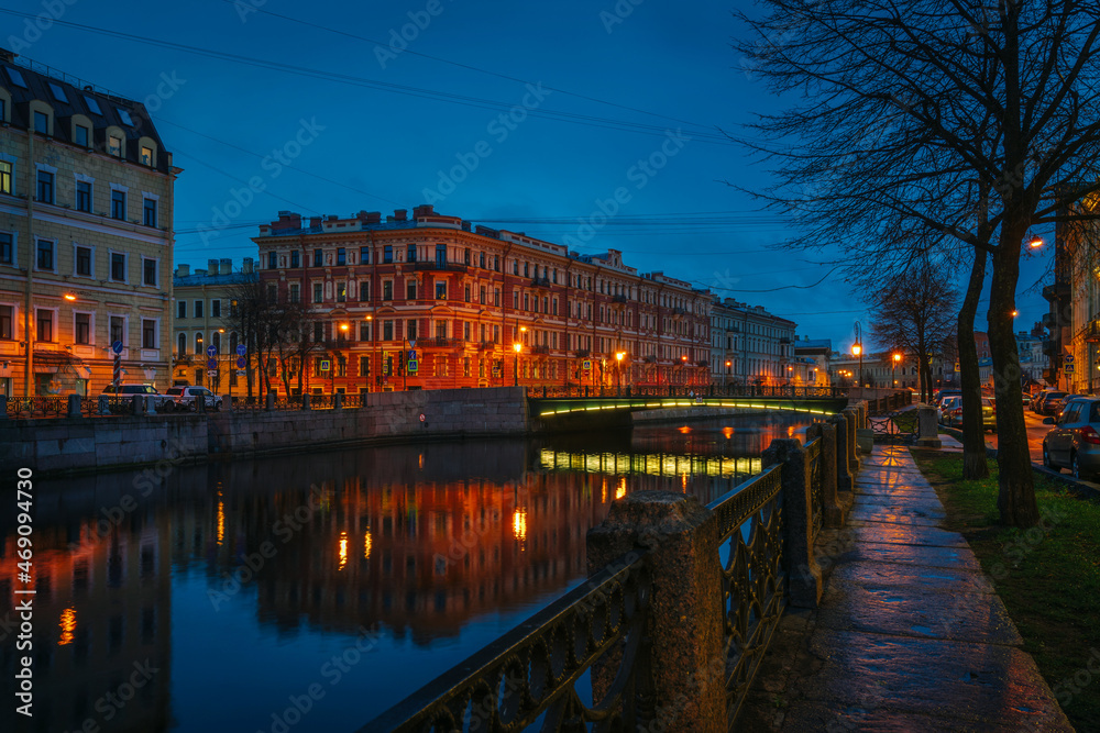 View of the Moika Embankment and the Lantern (Fonarny) Bridge in night lighting, St. Petersburg, Russia
