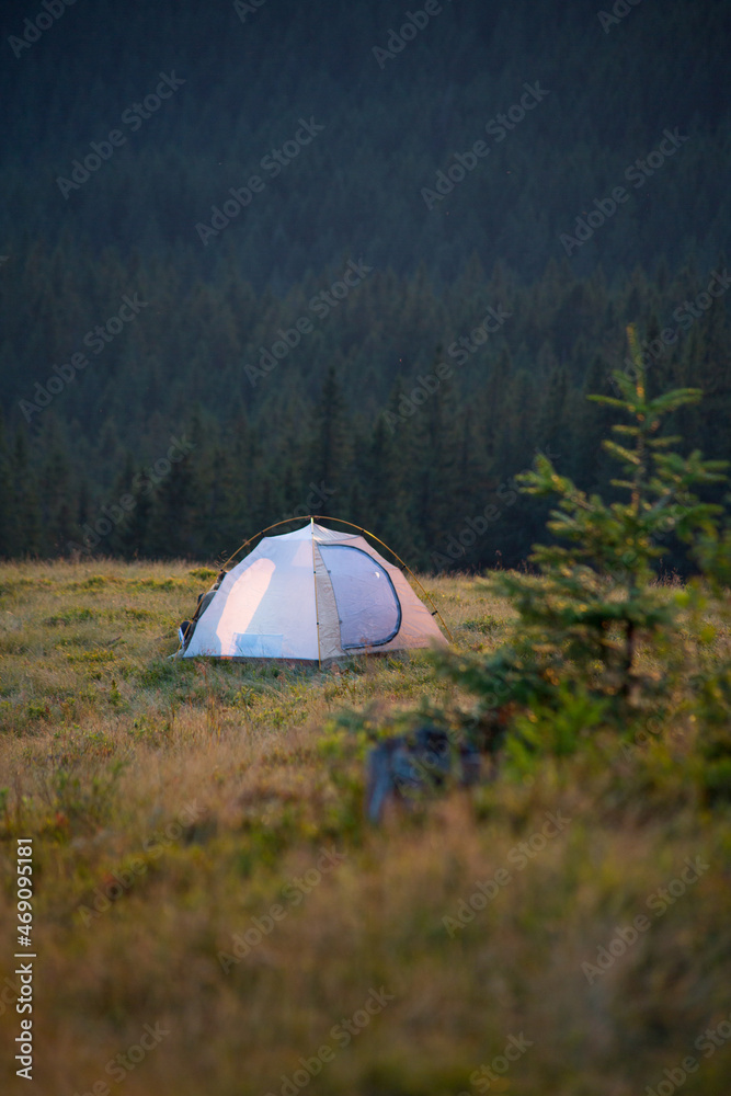 light tent on a mountainside with a forest background