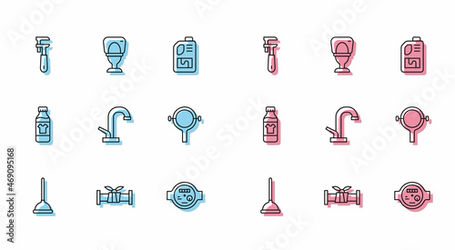 Set line Rubber plunger, Industry metallic pipe, Pipe adjustable wrench, Water meter, tap, Filter, Bottle for cleaning agent and Toilet bowl icon. Vector