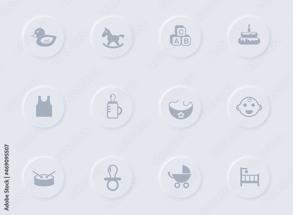baby gray vector icons on round rubber buttons. baby icon set for web, mobile apps, ui design and promo business polygraphy