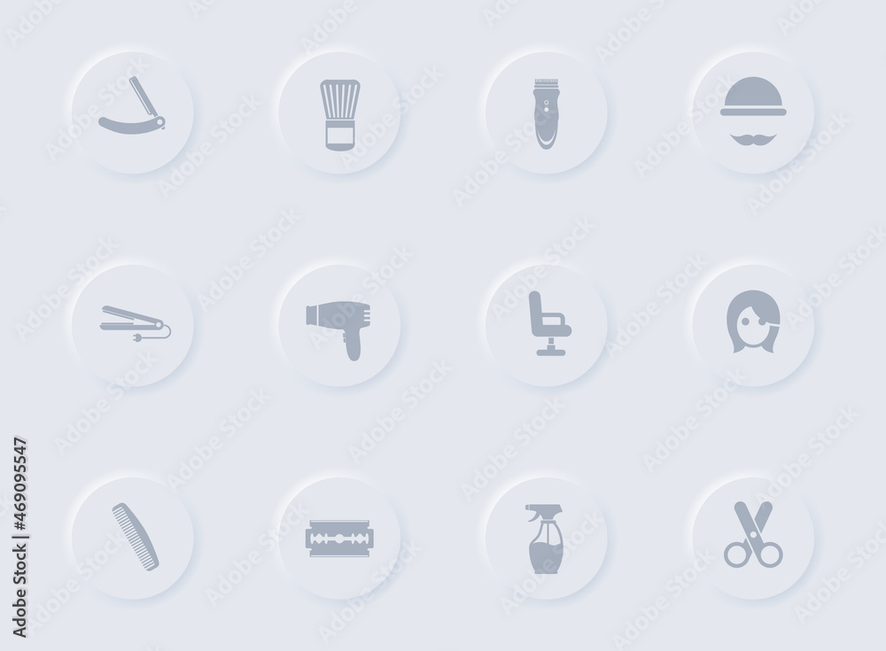 barber shop gray vector icons on round rubber buttons. barber shop icon set for web, mobile apps, ui design and promo business polygraphy barber shop gray vector icons on round rubber buttons. barber shop icon set for web, mobile apps, ui design and promo business polygraphy