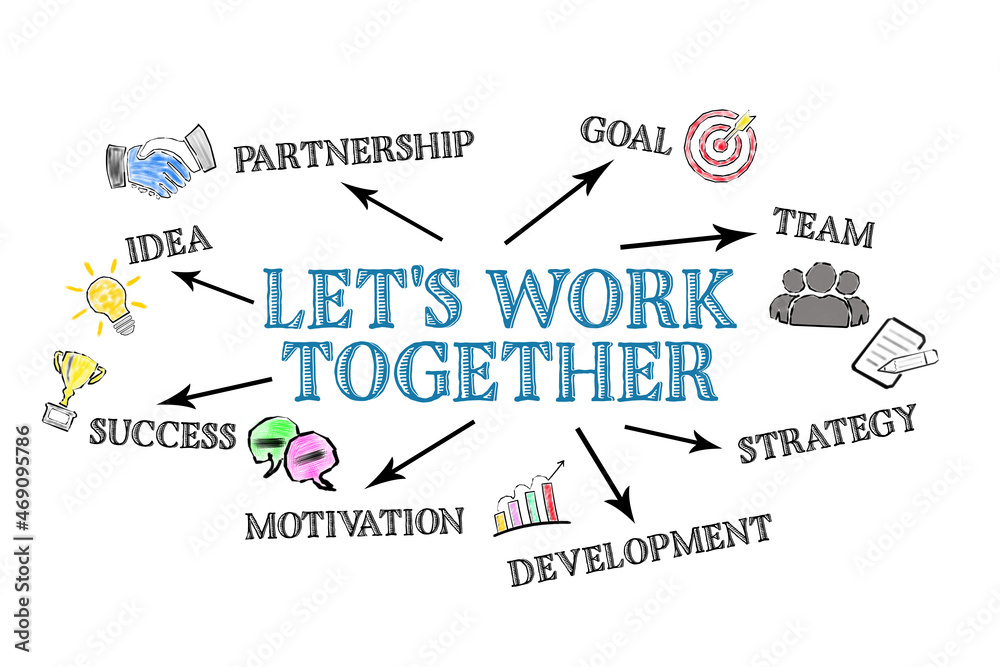 Let's work together. Illustration with keywords and icons