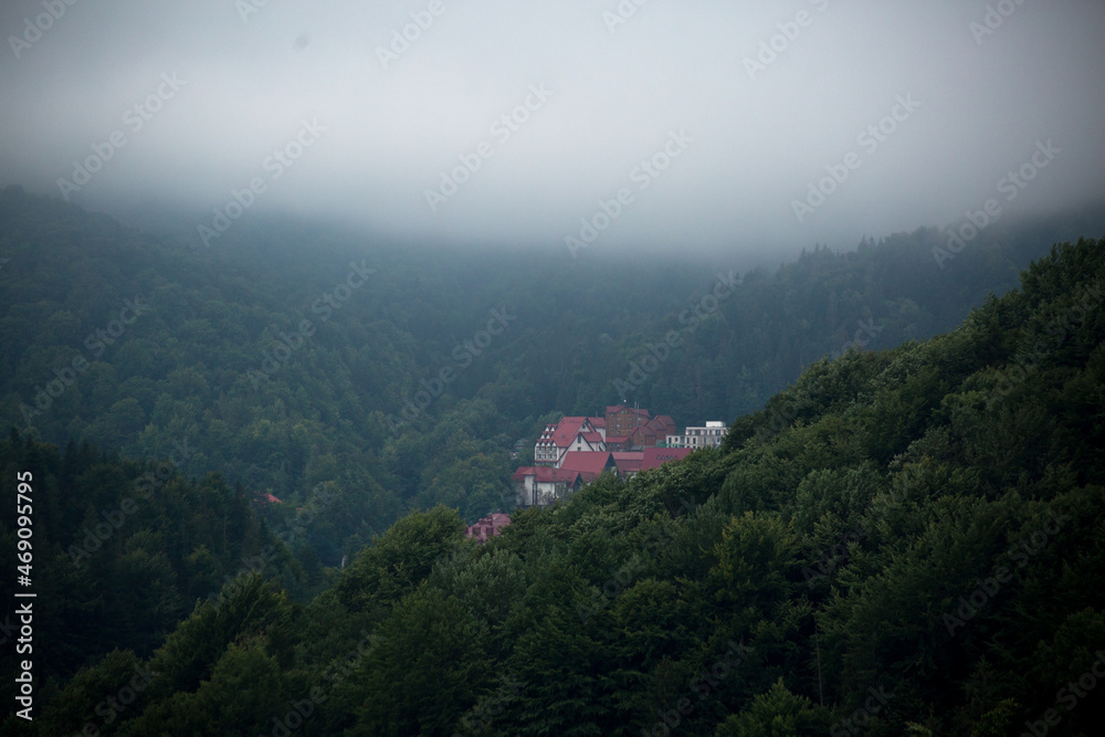 estate house in the dark forest of high mountains covered with a fog