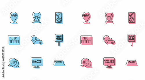 Set line Taxi call telephone service, Location with taxi, car roof, Road sign for stand, Taximeter and High-speed train icon. Vector