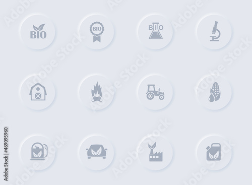 bio fuel gray vector icons on round rubber buttons. bio fuel icon set for web, mobile apps, ui design and promo business polygraphy