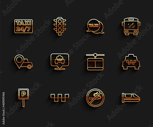 Set line Parking, Taxi car roof, Location with taxi, No Smoking, High-speed train, and Cable icon. Vector
