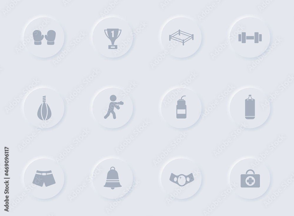 boxing gray vector icons on round rubber buttons. boxing icon set for web, mobile apps, ui design and promo business polygraphy