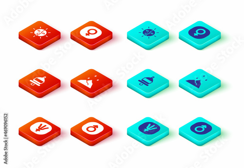 Set Neptune planet, Mars, Ringing alarm bell, Magic powder, Venus and Sun icon. Vector