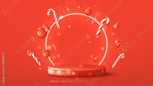 Merry Christmas and Happy New Year banner. Christmas vector illustration with red podium and abstract festive composition with neon circle on background. Happy New Year card with 3d elements.