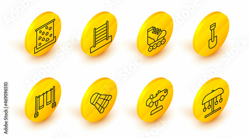 Set line Attraction carousel, Swing, Badminton shuttlecock, Double swing, Shovel toy, Roller skate, Swedish wall and Climbing icon. Vector
