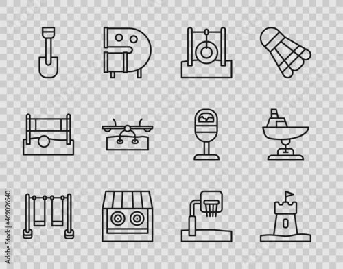 Set line Double swing, Sand tower, Car tire hanging on rope, Shooting gallery, Shovel toy, Seesaw, Basketball backboard and Swing boat icon. Vector