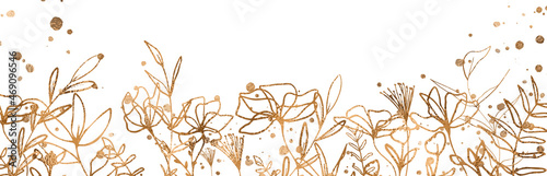 Background with plants, flowers, leaves and grass in gold. Background with floral elements, botanical watercolor illustration with gold splashes. Design elements for cards, web or your own design.