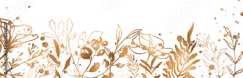 Background with plants, flowers, leaves and grass in gold. Background with floral elements, botanical watercolor illustration with gold splashes. Design elements for cards, web or your own design.