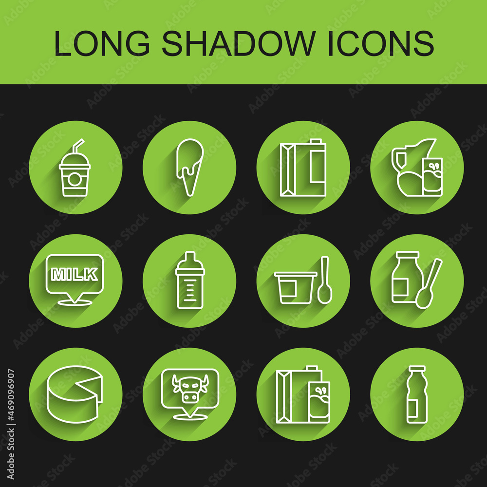 Set line Cheese, Cow head, Milkshake, Paper package for milk, Drinking yogurt in bottle, Baby, and Yogurt container with spoon icon. Vector Set line Cheese, Cow head, Milkshake, Paper package for milk, Drinking yogurt in bottle, Baby, and Yogurt container with spoon icon. Vector
