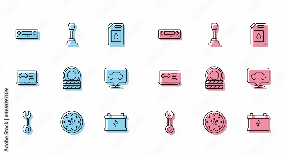 Set line Wrench spanner, Alloy wheel, Car Audio, battery, tire, service, Diagnostics condition of car and Gear shifter icon. Vector Set line Wrench spanner, Alloy wheel, Car Audio, battery, tire, service, Diagnostics condition of car and Gear shifter icon. Vector