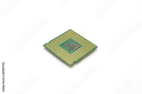 Electronic circuit and processor on a white background close-up. Microchip, computer, technology