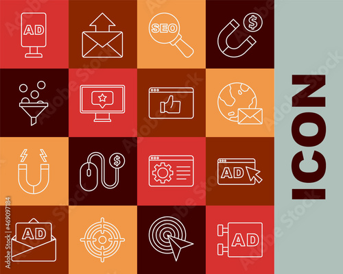 Set line Advertising, Earth globe with mail, SEO optimization, Monitor star, Lead management, and Customer product rating icon. Vector