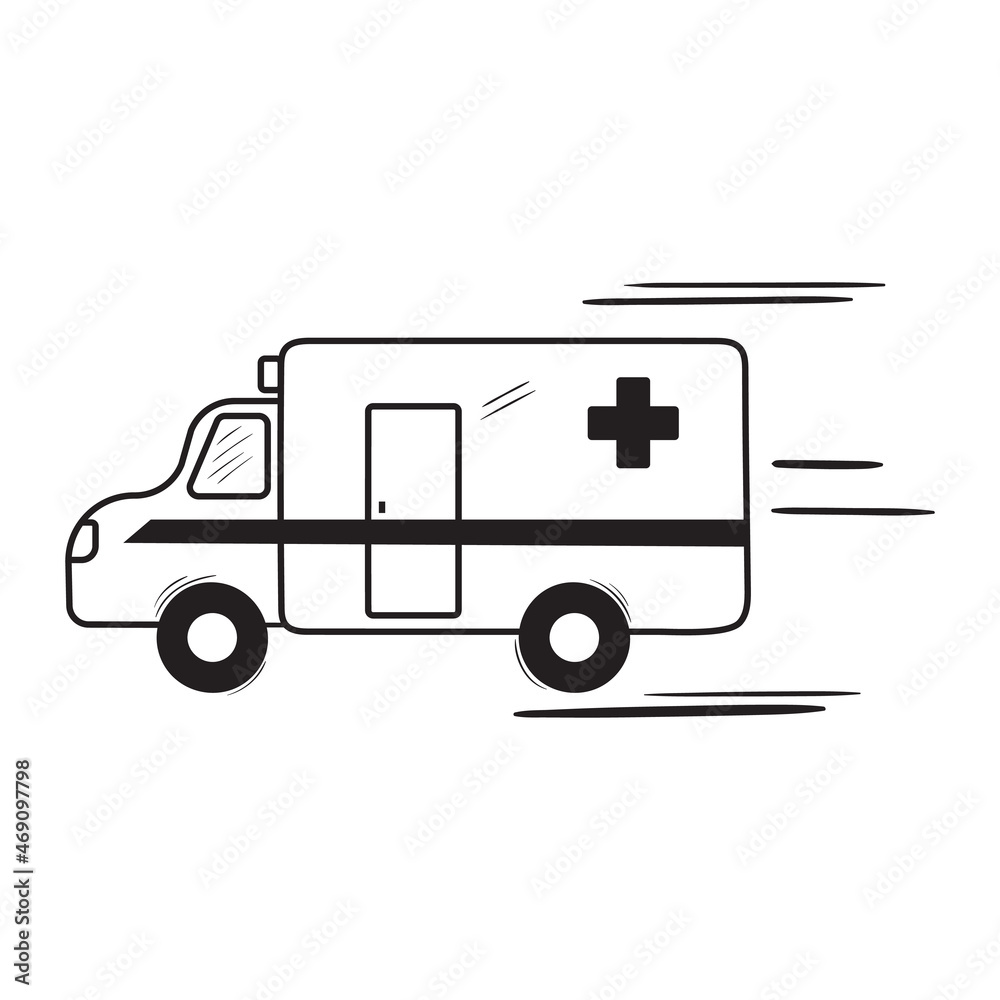 Black outline sketch illustration of ambulance car. Emergency vehicle racing on high speed doodle drawing. Icon, sign, clipart element
