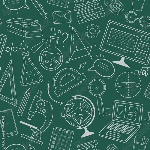 Vector green background with online education symbols. Learning, knowlege, skill concept. Seamless pattern with math, physics, chemistry, icons. School and university pattern
