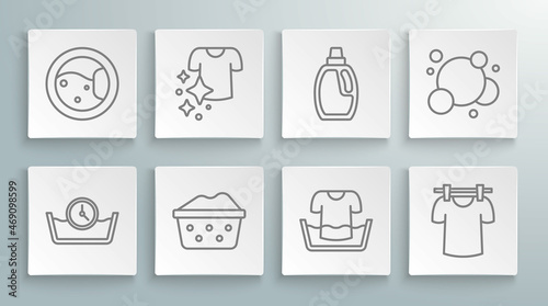 Set line Time wash, Drying clothes, Basin with soap suds, shirt, Bottle for cleaning agent, Soap water bubbles and Washer icon. Vector