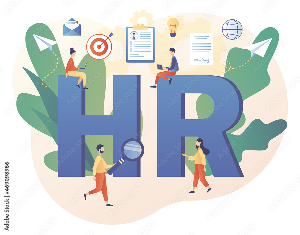 Human Resources management. HR department. Employer hiring candidates. Recruitment agency, employment, headhunting business. Modern flat cartoon style. Vector illustration on white background Human Resources management. HR department. Employer hiring candidates. Recruitment agency, employment, headhunting business. Modern flat cartoon style. Vector illustration on white background