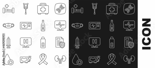 Set line Human kidneys, Patient record, Heart rate, First aid kit, Monitor with cardiogram, Medical protective mask, Hospital bed and Digital thermometer icon. Vector