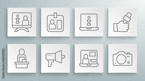 Set line Breaking news, Journalist id card, Megaphone, World, Photo camera, Information, and Television report icon. Vector