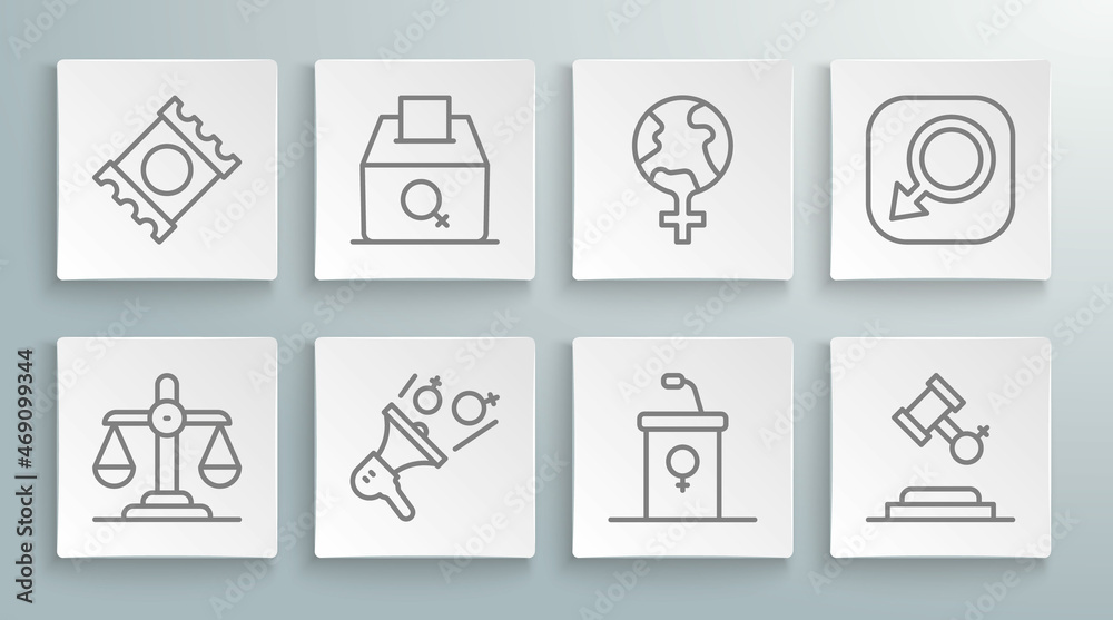 Set line Gender equality, Female vote right, Feminist activist, Debate podium rostrum, rights, Feminism the world, Male gender and Condom package icon. Vector Set line Gender equality, Female vote right, Feminist activist, Debate podium rostrum, rights, Feminism the world, Male gender and Condom package icon. Vector