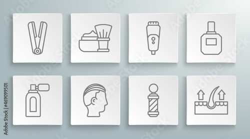 Set line Aftershave with atomizer, Shaving brush foam, Hairstyle for men, Classic Barber shop pole, Human hair follicle, Electric razor blade, and Curling iron icon. Vector