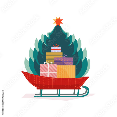 Santa Sleigh vector icon. Christmas snow retro style sledge with Christmas tree, gifts present boxes design element illustration. Winter holiday season new year event festive shopping sale background