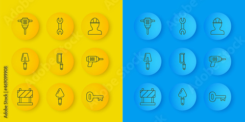 Set line Road barrier, Trowel, Hacksaw, Old key, Electric drill machine, rotary hammer, Worker safety helmet and Wrench spanner icon. Vector