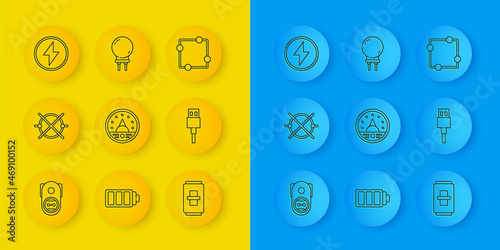 Set line Electrical outlet, circuit scheme, Ampere meter, multimeter, voltmeter, light switch, USB cable cord, Lightning bolt, and emitting diode icon. Vector