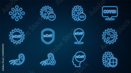 Set line Shield protecting from virus, Virus, Negative, Corona 2019-nCoV, location and icon. Vector