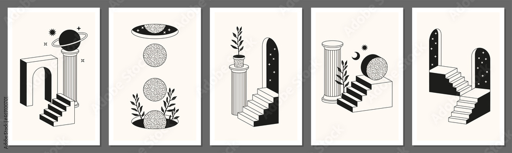 Obraz Surreal abstract posters and cards in trendy minimal line art style. Columns, stairs, arch, geometric shapes.