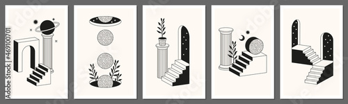 Surreal abstract posters and cards in trendy minimal line art style. Columns, stairs, arch, geometric shapes.