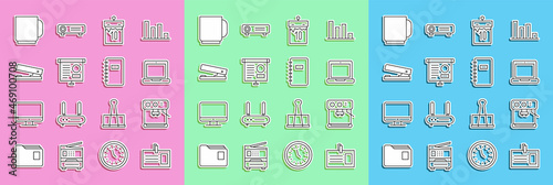 Set line Identification badge, Coffee machine, Laptop, Calendar, Chalkboard with diagram, Office stapler, cup and Spiral notebook icon. Vector