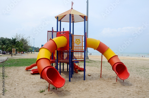 MALACCA, MALAYSIA -MAY 02, 2016: Children's outdoor playground in the public park. It was designed with a few different themes and colors to give a different experience to the kids. 