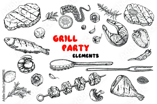 Grill party set. Grill collection. Food. Meat.Fish. Black and white hand drawn illustration. Grill spices. Sketch. Engraving style. Isolated on white.Vintage.Bar,desing restaurant menu