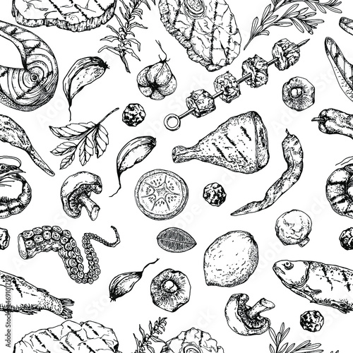 Pattern Grill party set. Grill collection. Food. Meat.Fish. Black and white hand drawn illustration. Grill spices. Sketch. Engraving style. Isolated on white.Vintage.Bar,desing restaurant menu