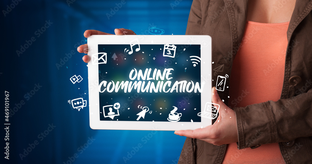 Person holding tablet, social network concept Person holding tablet, social network concept