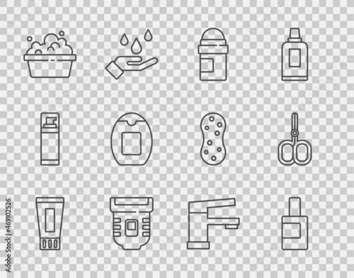 Set line Tube of toothpaste, Bottle for cleaning agent, Antiperspirant deodorant roll, Epilator, Basin with soap suds, shampoo, Water tap and Nail scissors icon. Vector