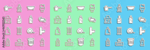 Set line Bottle for cleaning agent, Toilet bowl, Bar of soap, Bathtub, Handle broom, Washing powder and icon. Vector
