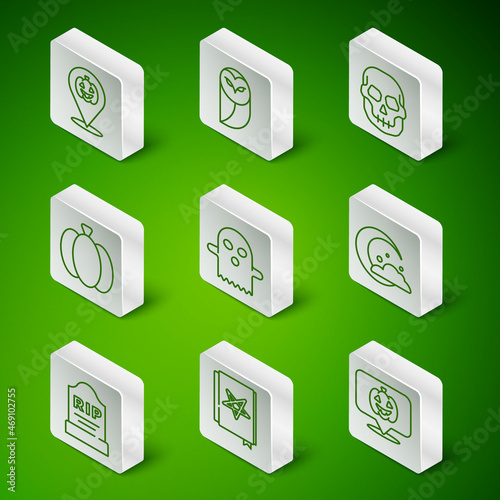 Set line Pumpkin, Ancient magic book, Ghost, Owl, Tombstone with RIP written and Moon and stars icon. Vector