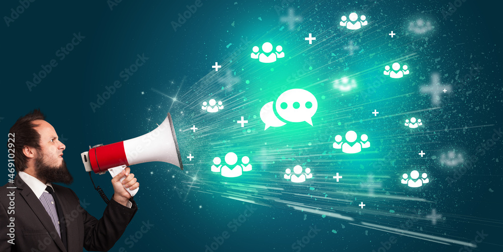 Young person with megaphone and social networking icon Young person with megaphone and social networking icon