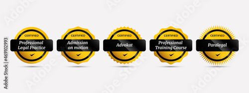 Certified badge with luxury yellow and black. Professional certification law in multiple categories. vector illustration stamp logo icon template.