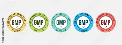 GMP (Good Manufacturing Practice) certified round stamp on white background. Vector illustration certification badge icon template.