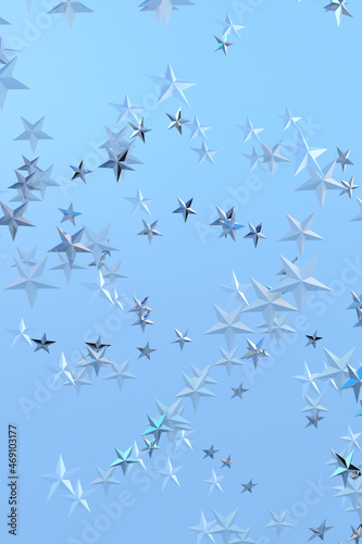 Festive silver 3d stars on blue background. Confetti stars. Festive illustration for poster  decoration  holiday. event.
