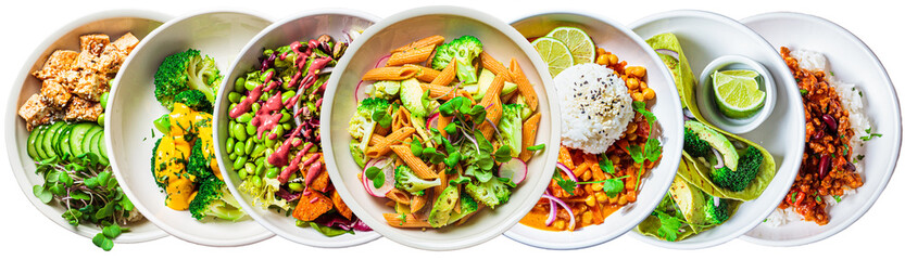 Banner of vegan lunch bowls isolated on white background. Healthy food concept. Vegetarian pasta, curry with rice, salad, tortillas and baked vegetables.